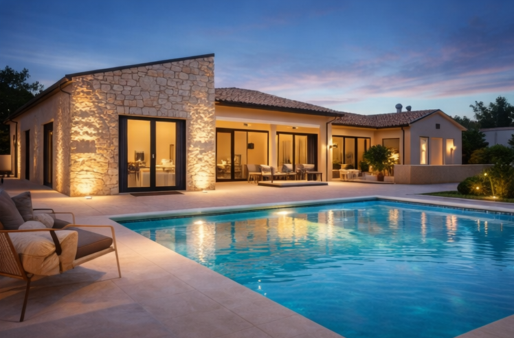 Mediterranean villa exterior at dusk